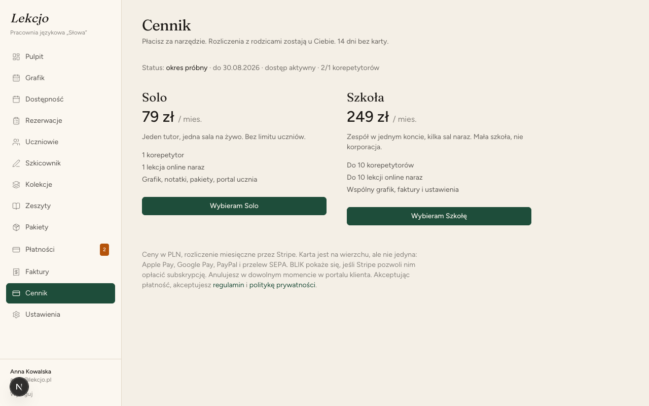 Cennik Solo i Szkoła