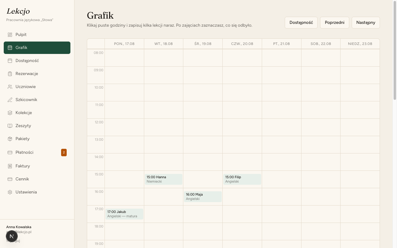 Grafik lekcji w Lekcjo